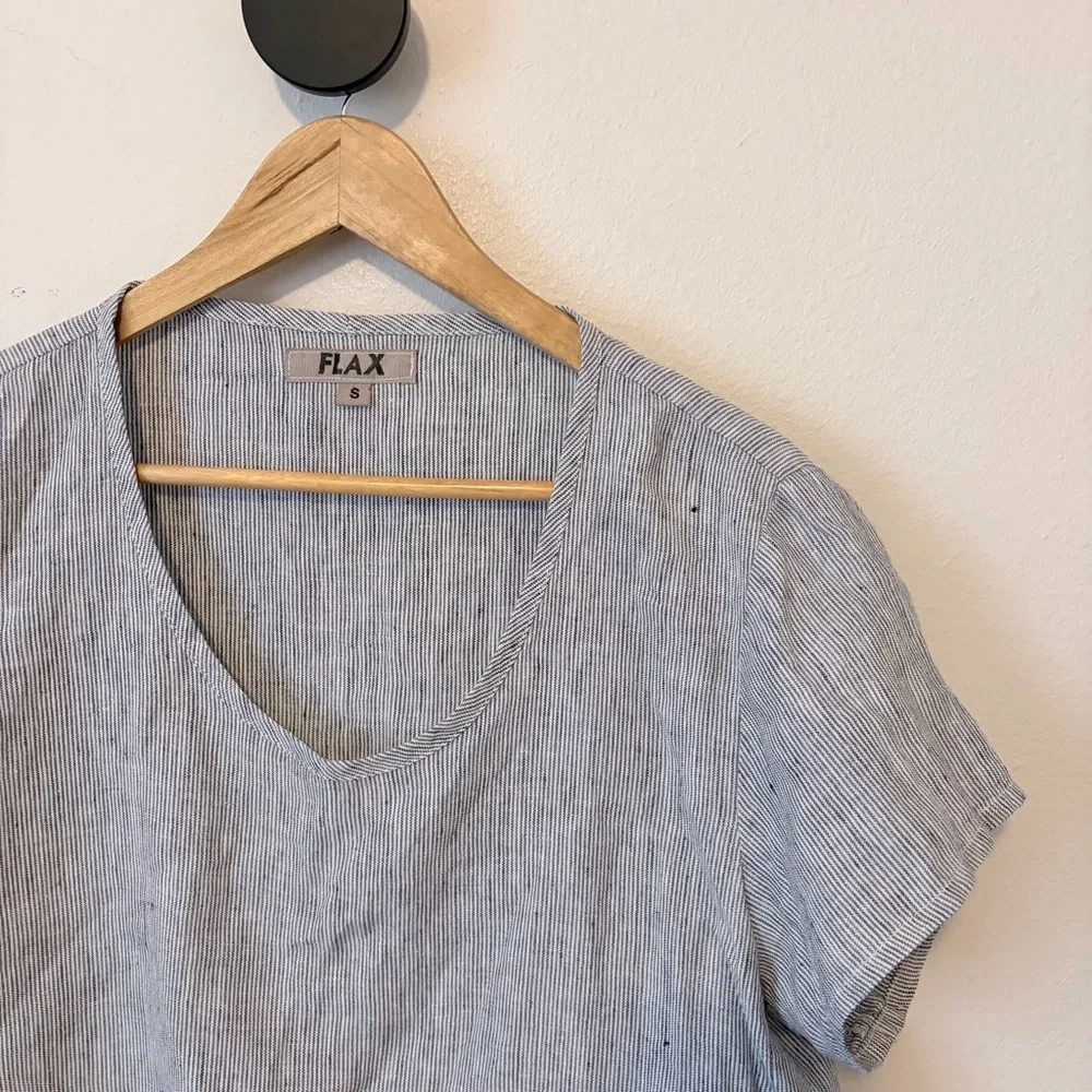 FLAX Linen Micro Stripe Top Short Sleeve Blue White Size S - Picture 2 of 6